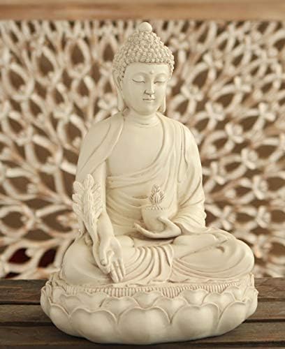בודהה גרוב ריפוי רפואה פסל בודהה בגימור אלגנטי-לבן-לבן ועשוי מאבן יצוקה בעיצוב שלווה מינימליסטית | גובה 11.5